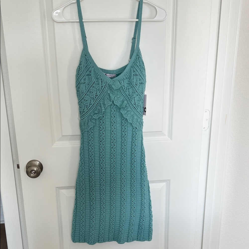SO Crochet Knit Spaghetti Strap Dress in Teal